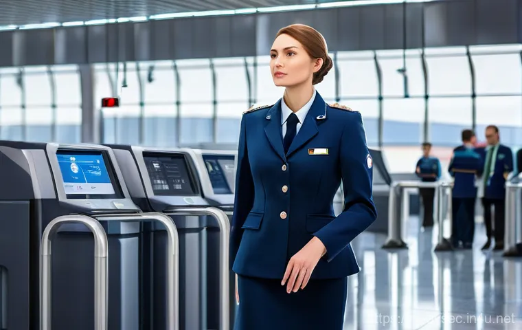 항공보안관리사 취업 성공 스토리 - **Prompt:** A highly detailed, realistic image of a female aviation security inspector, mid-30s, wit...