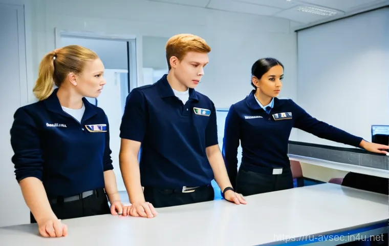 항공보안관리사 취업 성공 스토리 - **Prompt:** A dynamic, wide-angle shot inside a bustling, futuristic airport security area in Russia...