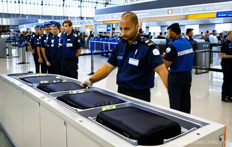 항공보안관리사와 보안 장비 유지보수 - **Aviation Security Team in Action:** A diverse team of highly professional aviation security person...