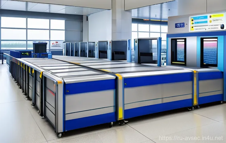 항공보안관리사와 보안 장비 유지보수 - **High-Tech Airport Control Center:** A futuristic, dimly lit airport security control room, filled ... 항공보안관리사와 보안 장비 유지보수 - **High-Tech Airport Control Center:** A futuristic, dimly lit airport security control room, filled ...