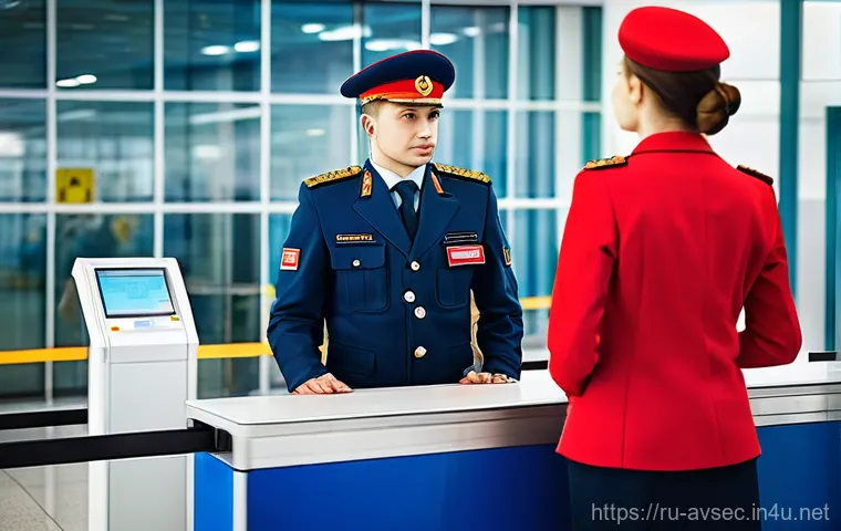 항공보안관리사 자격증 취득 가이드 - **Vigilant Russian Aviation Security Inspector at a Modern Checkpoint**
    "A highly professional a...