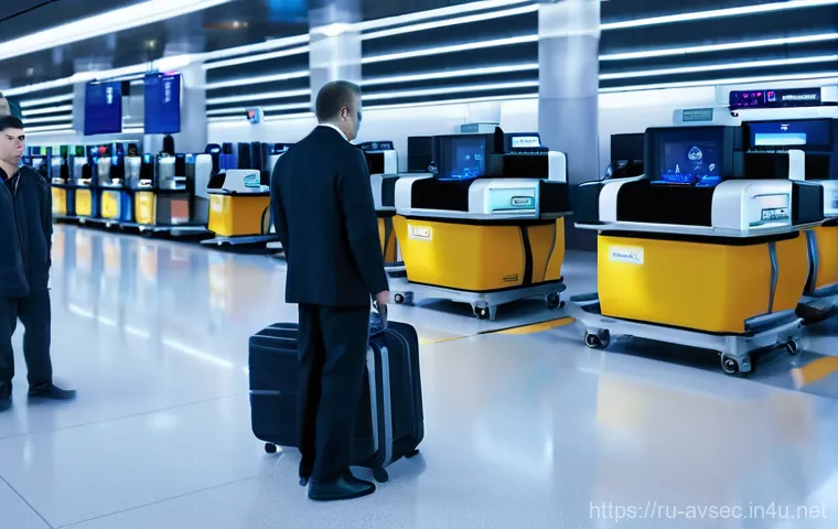 항공보안관리사 실무 트렌드 - **Prompt:** A high-resolution, cinematic image of a state-of-the-art baggage screening area inside a...